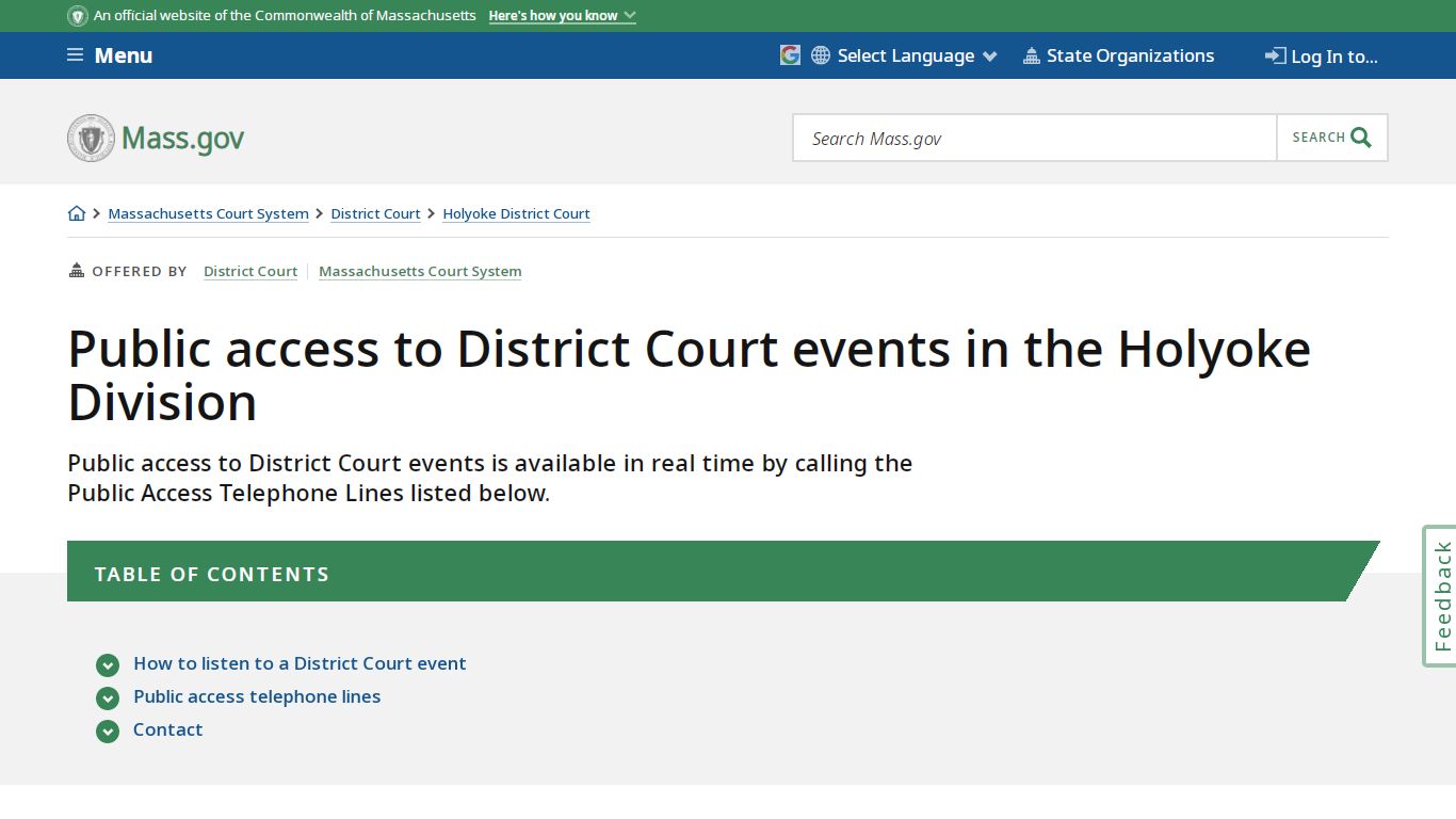 Public access to District Court events in the Holyoke Division